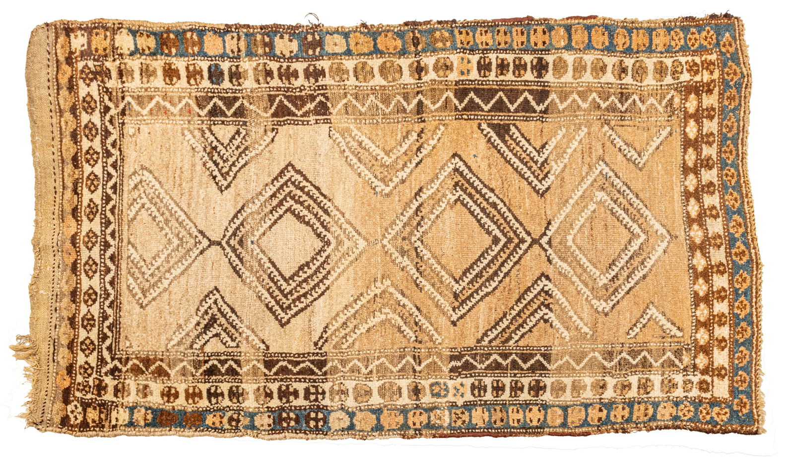 Persian Hamadan Hand Woven Wool Oriental Rug 1900-1920, H 5' W 3' 7": Persian Hamadan Hand Woven Wool Oriental Rug 1900-1920, H 5' W 3' 7" The three large dark-brown diamonds with lighter outlines and small hooks in a "prayer arch" motif. Camel-hair ground with s undyed