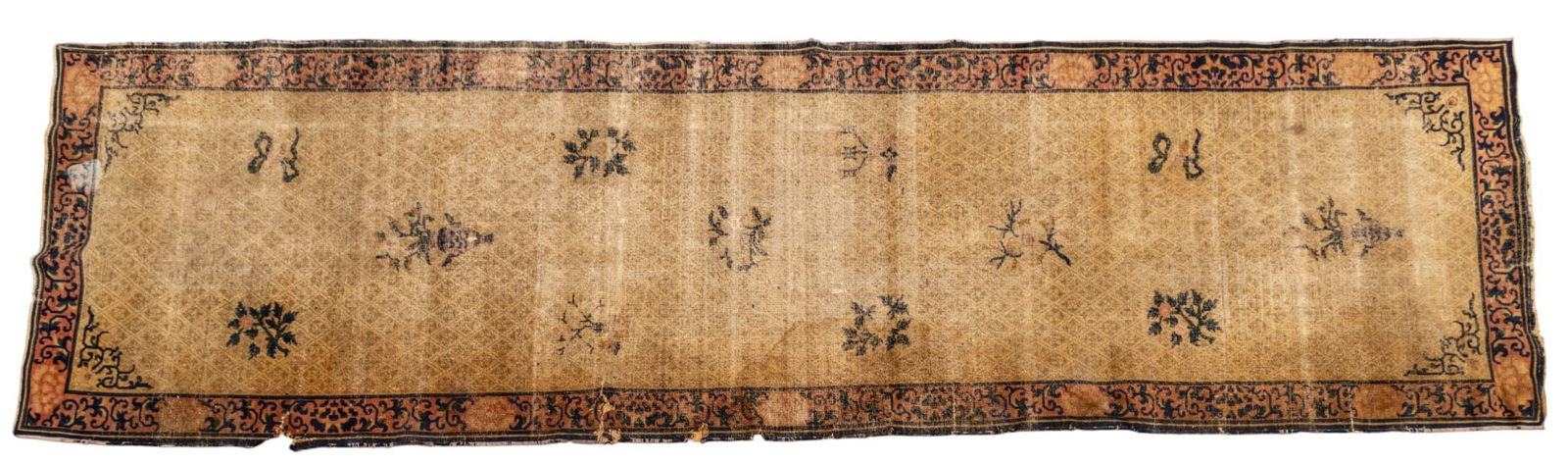 Turkish Konya Hand Woven Wool Runner 1900-1930, W 4' L 14' 5": Turkish Konya Hand Woven Wool Runner 1900-1930, W 4' L 14' 5" Sparse open field with scattered floral sprays, beige/abrash ground, indigo floral border. Provenance: Property from the estate collectio