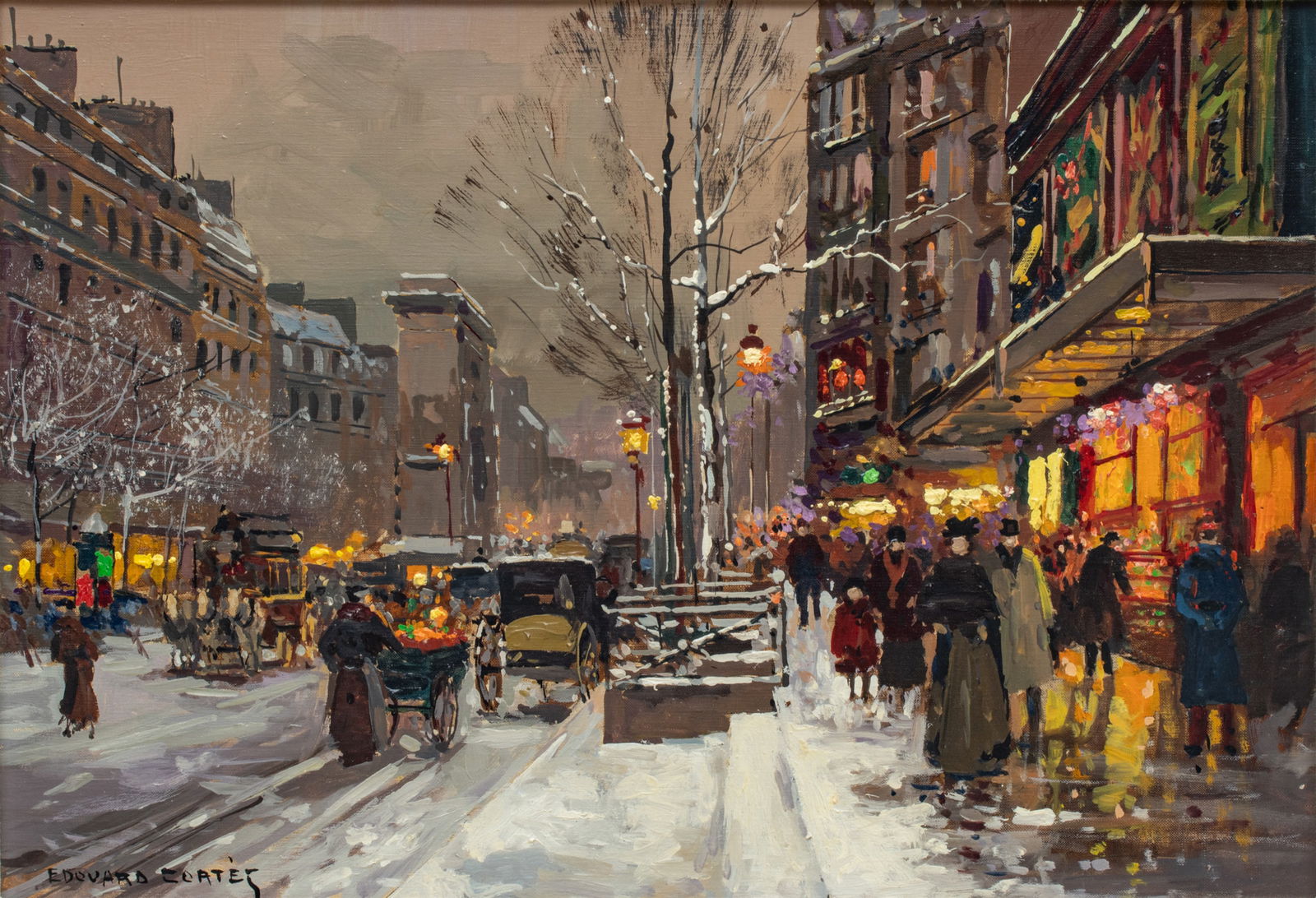 Edouard Léon Cortès (French, 1882-1969) Oil on Canvas, 'La Porte St. Denis, Paris', H 15": Edouard Léon Cortès (French, 1882-1969) Oil on Canvas, 'La Porte St. Denis, Paris', H 15" W 21.5" Frame Size: H 20" W 27" Signed lower left. Winter nocturn view of the intersection of the Bo