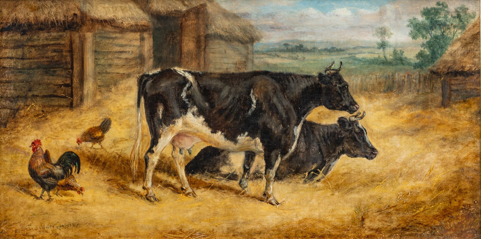 Thomas Sidney Cooper (British, 1803-1902) Oil on Canvas 'Cow and Rooster', H 8.5" W 17.5" (1 of 8)