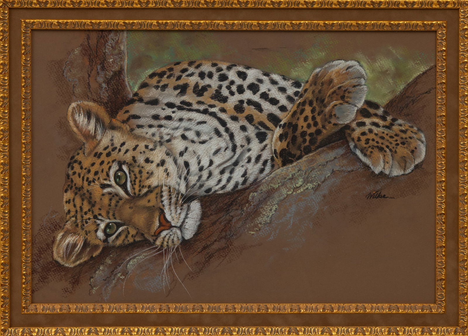 Patricia Wilkes Tadena (American) Pastel on Paper 'Leopard Resting', H 12.5" W 18" Frame Size: H 26" (1 of 4)