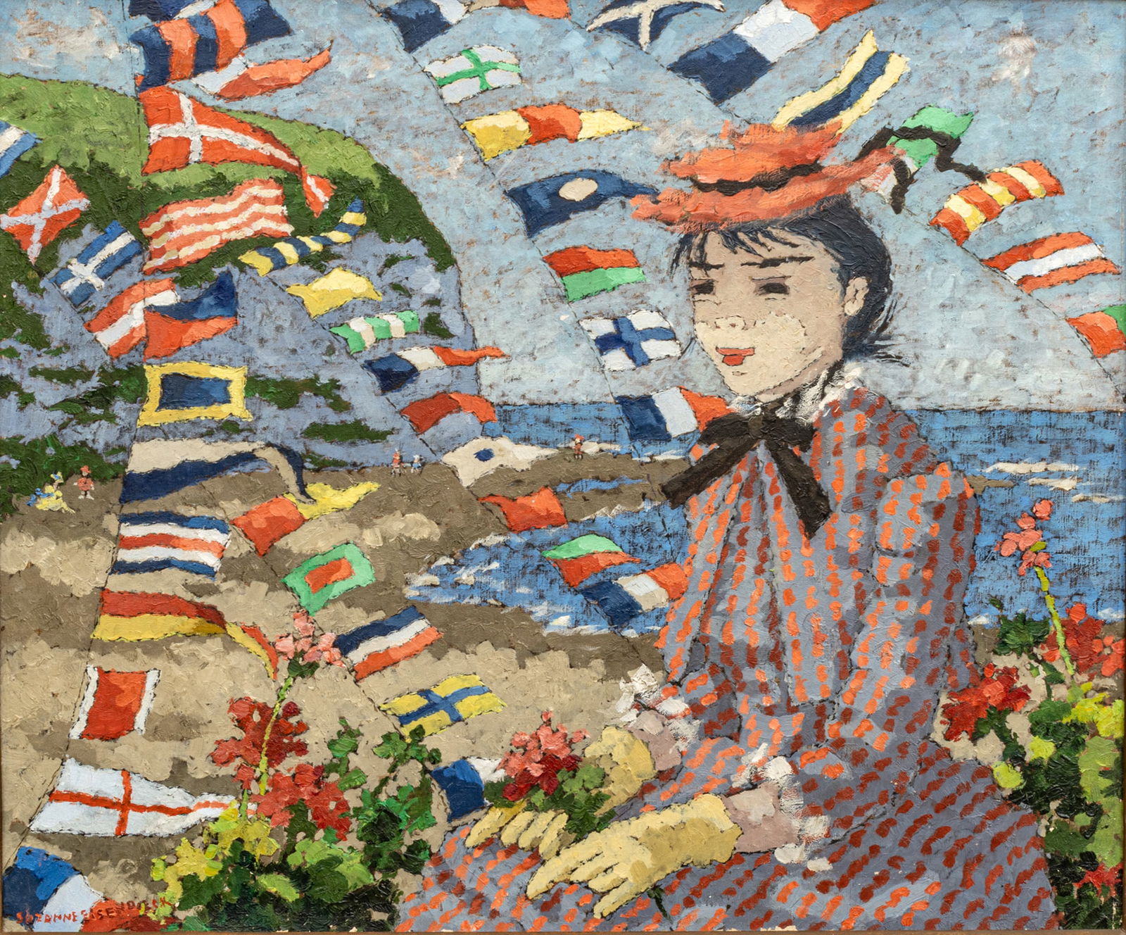 Suzanne Eisendieck (German, 1908-1998) Oil on Canvas 'Plage D'Yport', H 21" W 25.5" Frame Size: H: Suzanne Eisendieck (German, 1908-1998) Oil on Canvas 'Plage D'Yport', H 21" W 25.5" Frame Size: H 35" W 30.5" Depicting a woman at the shore among sailing flags. Signed lower left. Framed. Prove