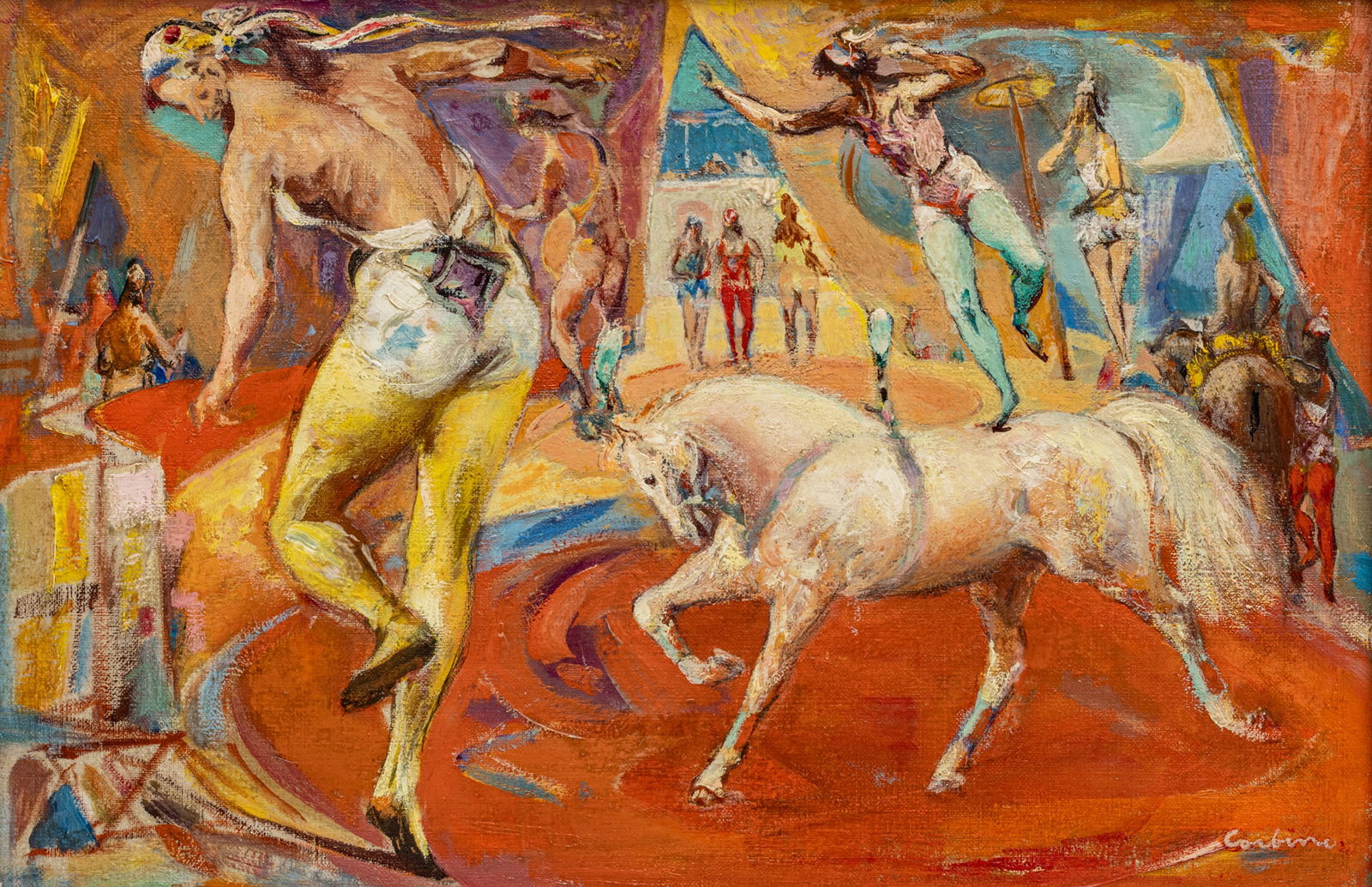 Jon Corbino (American, 1905-1964) Oil on Canvas, 'Circus Rehearsal', H 8" W 12" Frame Size: H 14.5" (1 of 12)