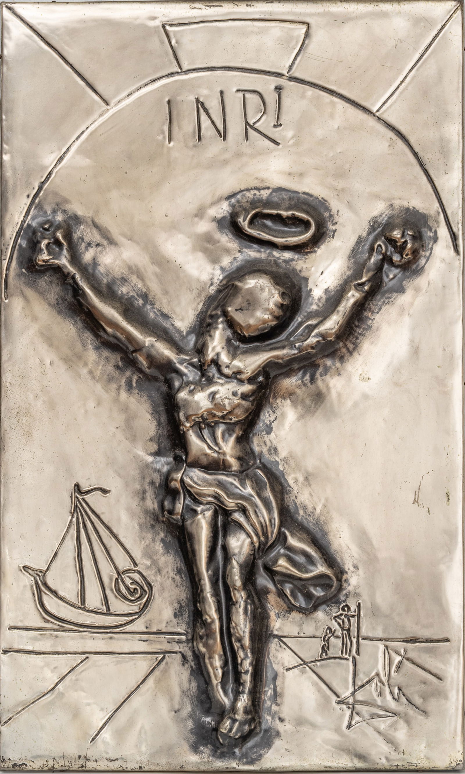 Salvador Dali (Spanish, 1904-1989) Bas Relief Plaque 1977, 'Christ of St. John of the Cross (Silver: Salvador Dali (Spanish, 1904-1989) Bas Relief Plaque 1977, 'Christ of St. John of the Cross (Silver Edition)', H 30" W 18" Incised edition I 58/125 lower left, Published by Centre Art Galleries, Hawai