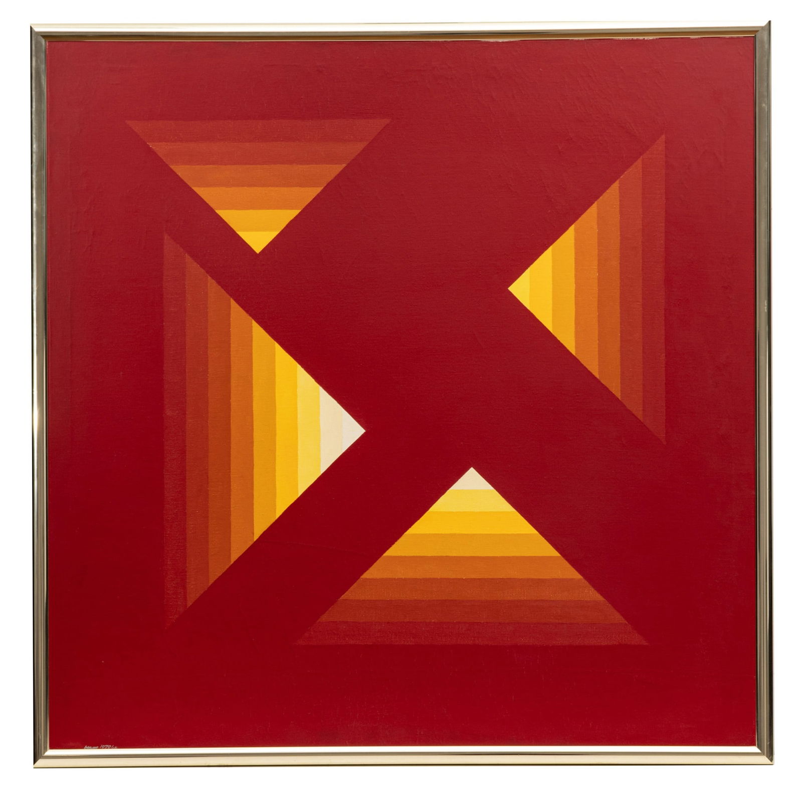 Herbert Bayer (American, 1900-1985) Acrylic on Canvas 1970, 'Four Regressive Corners', H 40" W 40": Herbert Bayer (American, 1900-1985) Acrylic on Canvas 1970, 'Four Regressive Corners', H 40" W 40" Frame Size: H 41.5" W 41.5" Depth 1" Signed and dated lower left. Signed verso. Titled on stretcher b