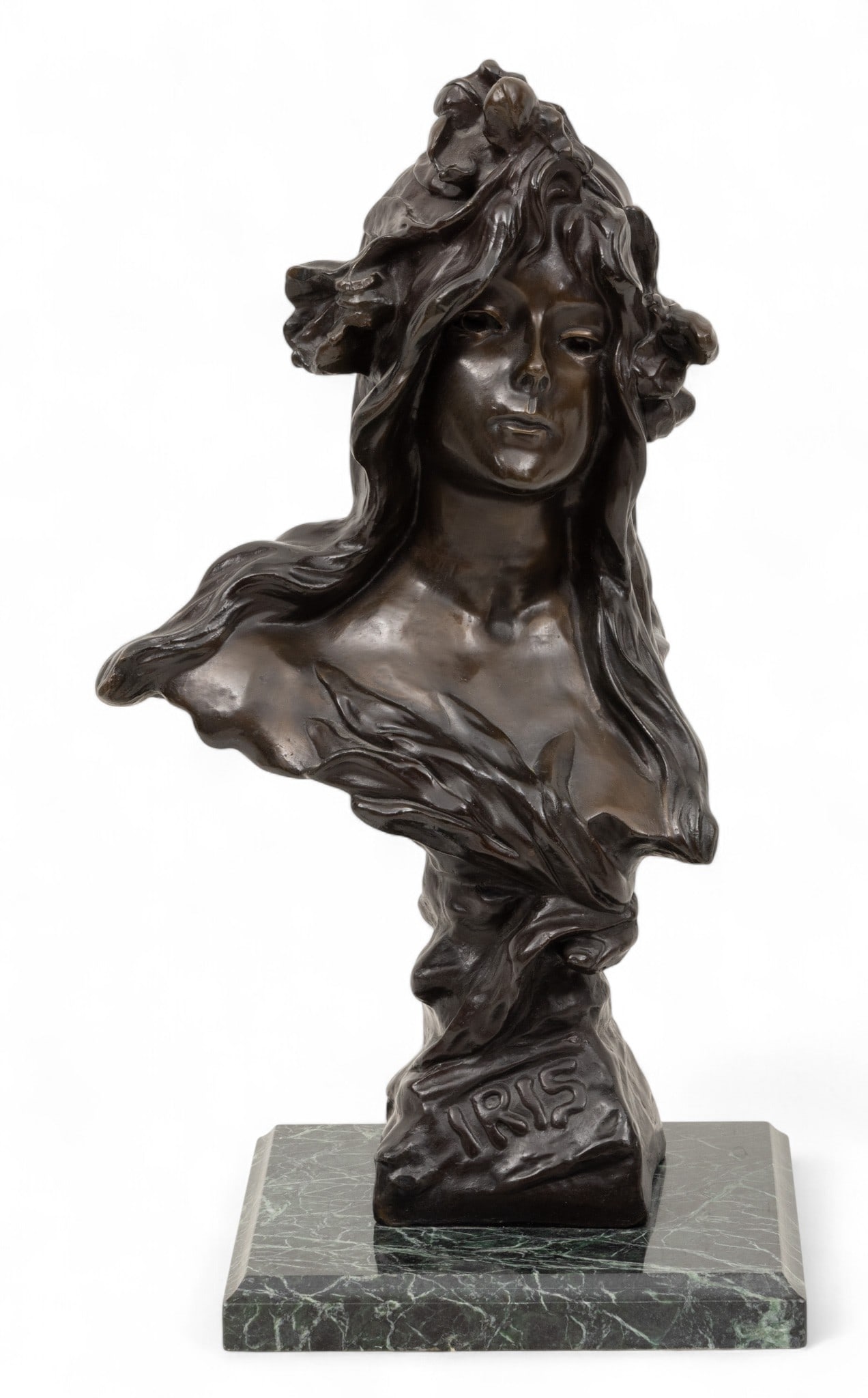 After Emmanuel Villanis (French, 1858-1914) Bronze Bust on Marble Base 'Iris', H 21" W 13.5" Depth (1 of 8)