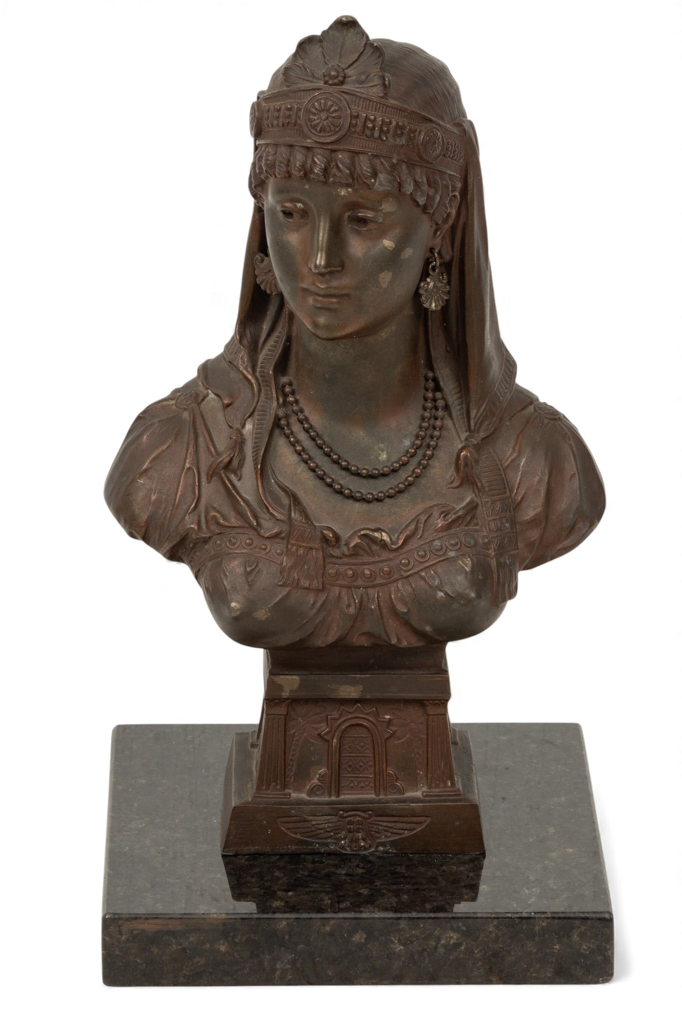 French Orientalist Style Patinated Spelter Bust of an Eastern Beauty, Ca. 1900, H 12.5" W 7" Depth (1 of 4)