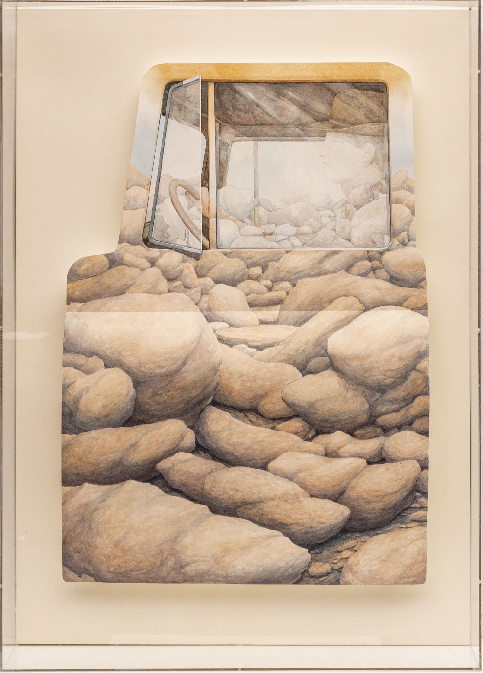 Robert Moon (American, 1941-2024) Watercolor on Paper, Mounted in Plexi Case 1974, 'Rock (Door: Robert Moon (American, 1941-2024) Watercolor on Paper, Mounted in Plexi Case 1974, 'Rock (Door Series)', H 28" W 20" Dia. 5.5" Unsigned. Provenance: Grand Rapids Art Museum, Grand Rapids, Michigan Di