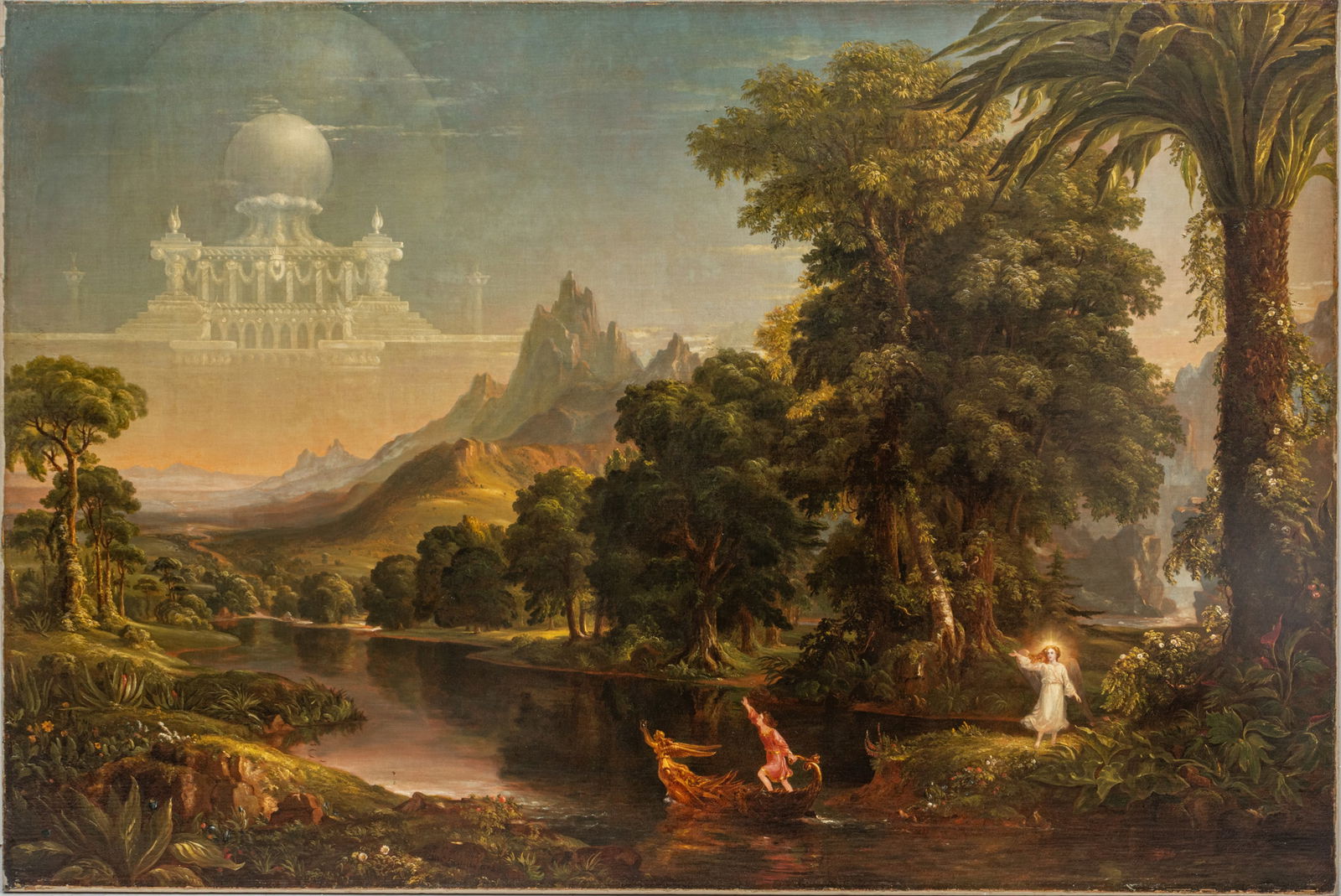After Thomas Cole (American, 1801-1848) Oil on Canvas, Mid 19th C., 'the Voyage of Life: Youth.: After Thomas Cole (American, 1801-1848) Oil on Canvas, Mid 19th C., 'the Voyage of Life: Youth. From: Allegory of Man's Earthly Journey', H 52.5" W 78.5" 1 PC Mid 19th c. copy of Cole's second work of