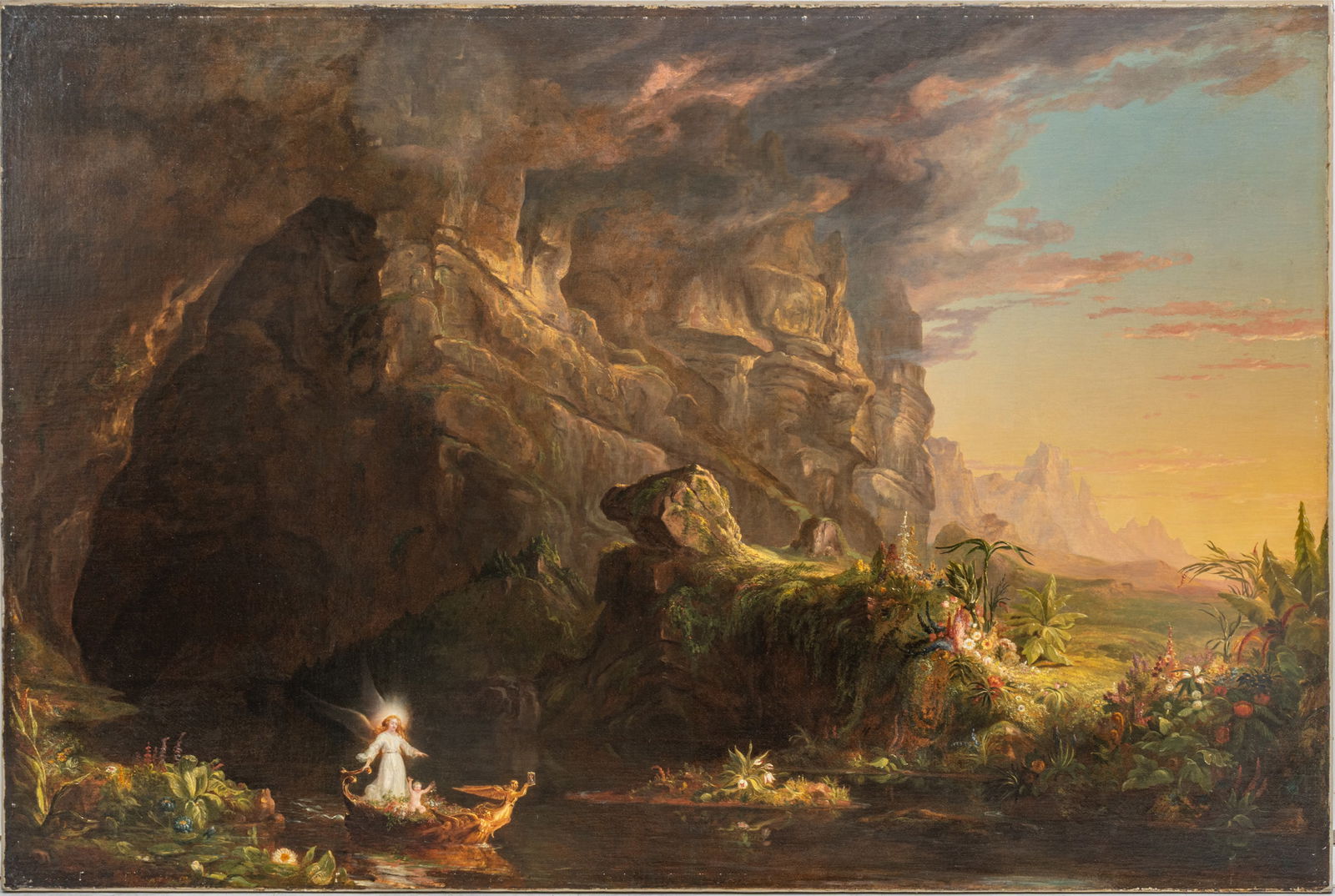 After Thomas Cole (American, 1801-1848) Oil on Canvas, Mid 19th C., 'the Voyage of Life: Childhood.: After Thomas Cole (American, 1801-1848) Oil on Canvas, Mid 19th C., 'the Voyage of Life: Childhood. From: Allegory of Man's Earthly Journey', H 53" W 79" 1 PC Mid 19th c. copy of Cole's first of a fou