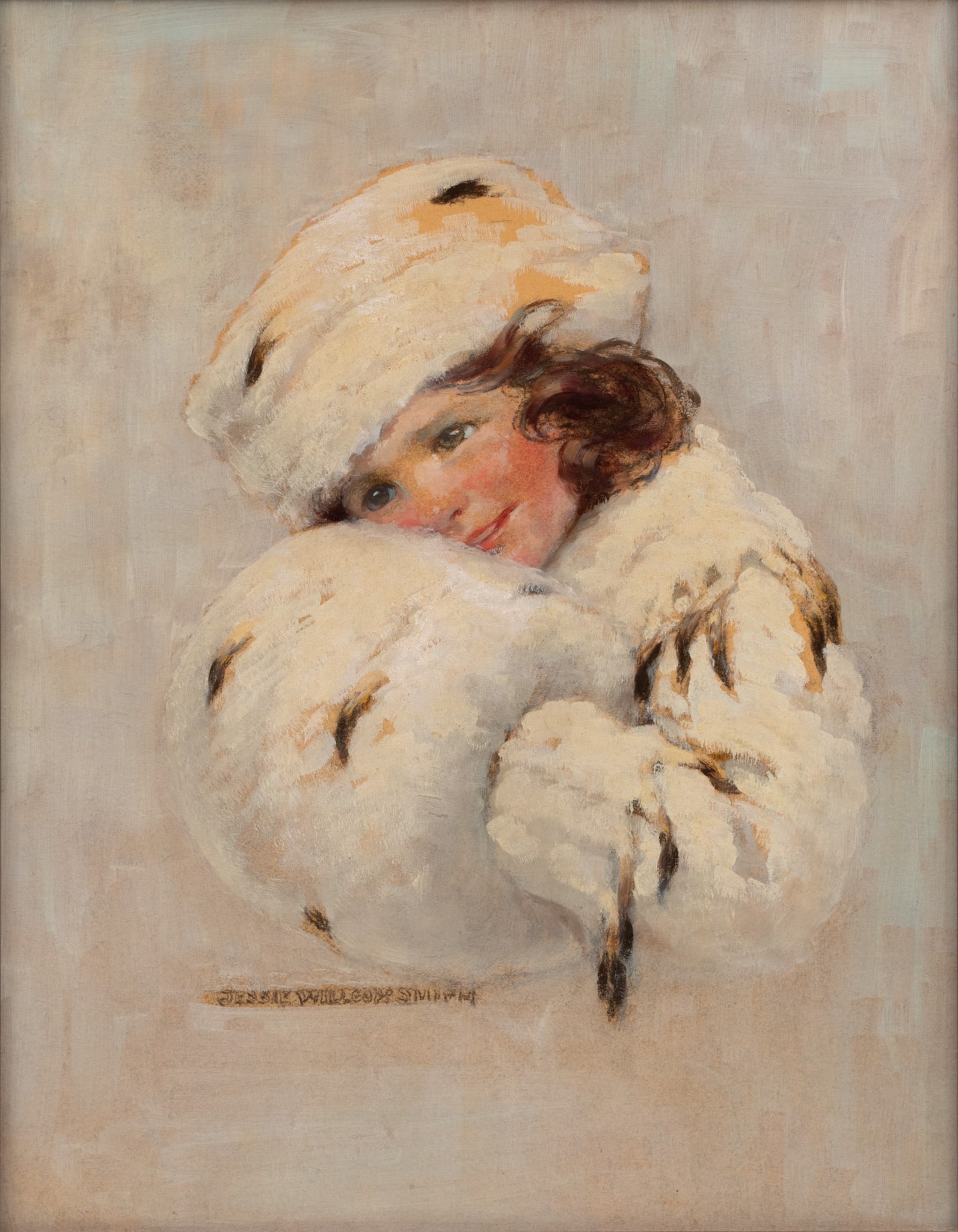 Jessie Wilcox Smith (American, 1863-1935) Oil, Gouache and Charcoal on Illustration Board 'Girl in: Jessie Wilcox Smith (American, 1863-1935) Oil, Gouache and Charcoal on Illustration Board 'Girl in White Fur Coat, Hat and Muff (Good Housekeeping February 1925 Cover)', H 18" W 16" Frame Size: H 20.5