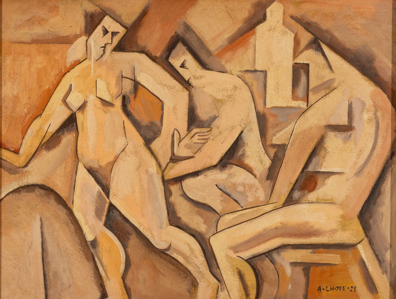 In the Manner of Andre Lhote (French, 1885-1962) Oil on Board 1923, 'Les Trois Graces', H 13.5" W: In the Manner of Andre Lhote (French, 1885-1962) Oil on Board 1923, 'Les Trois Graces', H 13.5" W 17.75" Frame Size: H 17.5" W 22" Signed lower right; dated '23 in lower right. This painting is