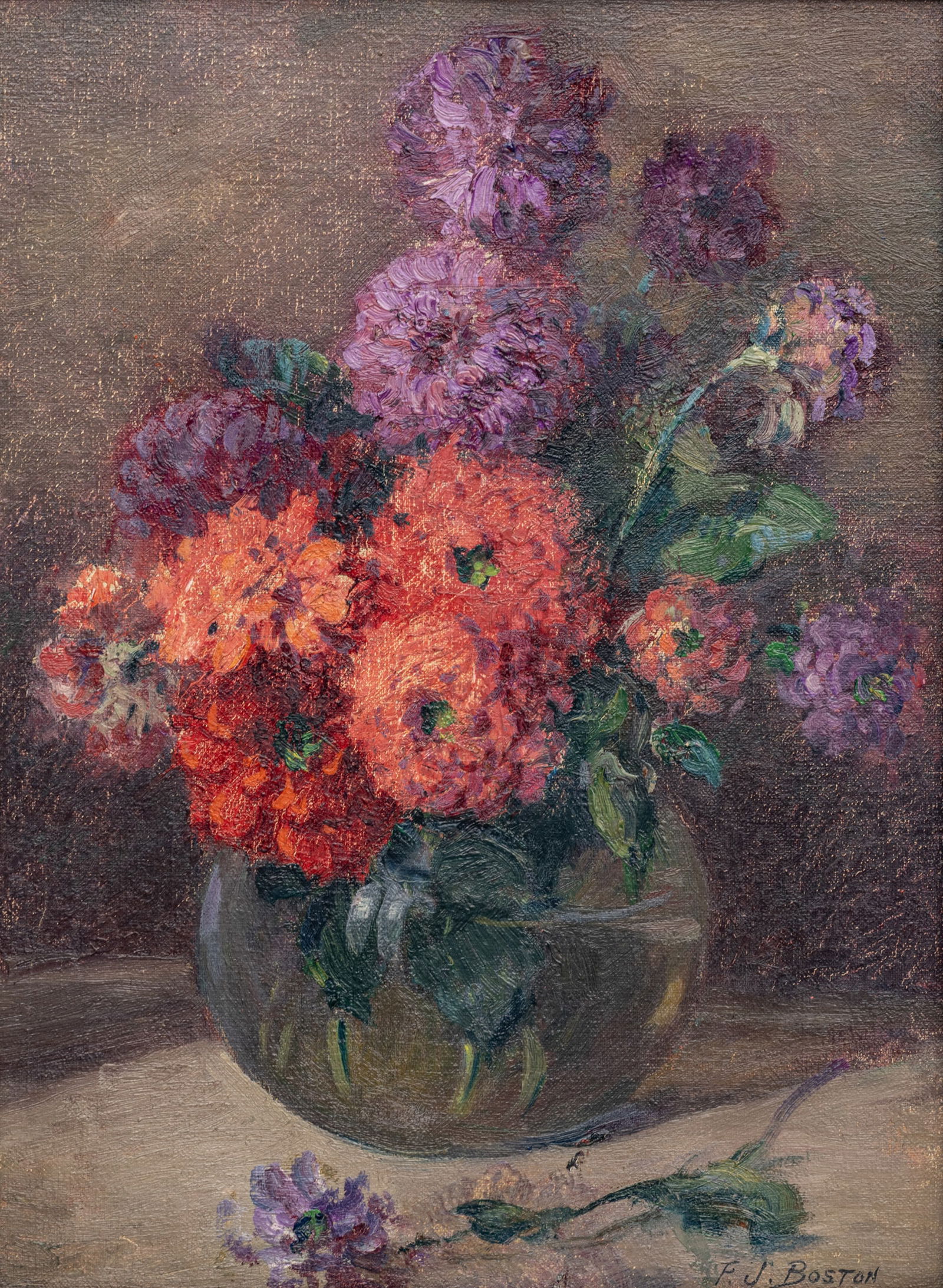 Frederick James Boston (American, 1855-1932) Oil on Canvas, Late 19th C., 'Floral Still Life', H 16" (1 of 7)