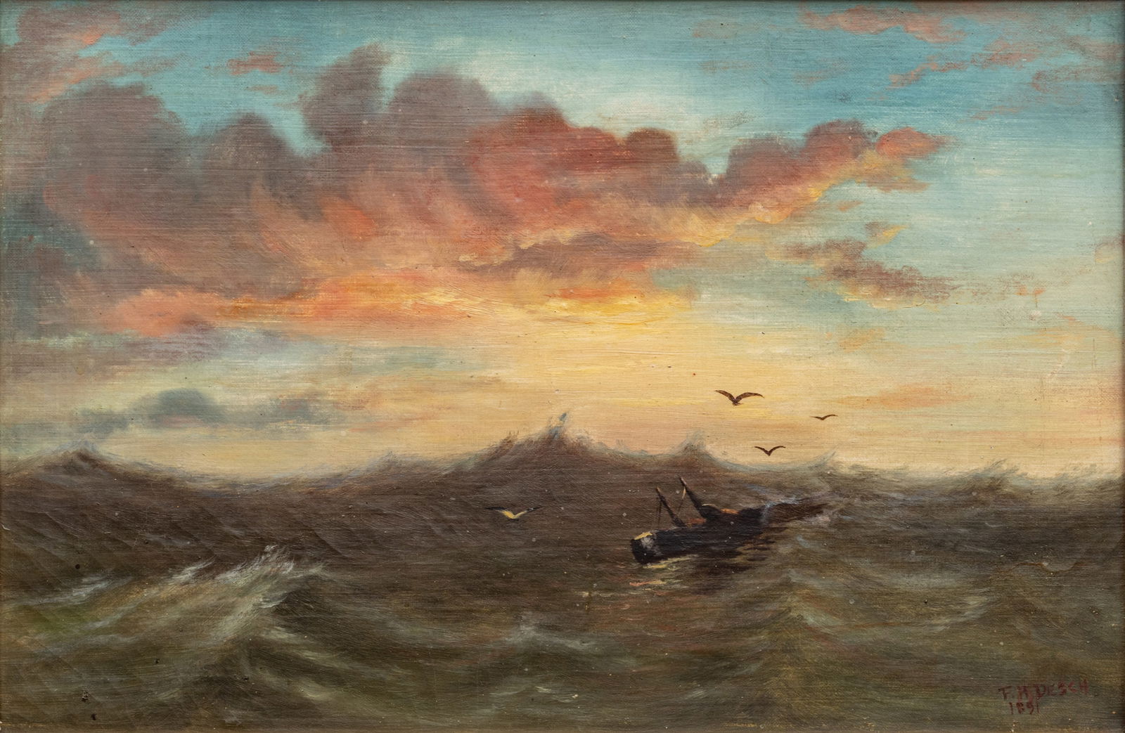 Frank H. Desch (American, 1873-1934) Oil on Canvas, 1891, 'Ship in a Rough Sea', H 12" W 18" Frame (1 of 7)