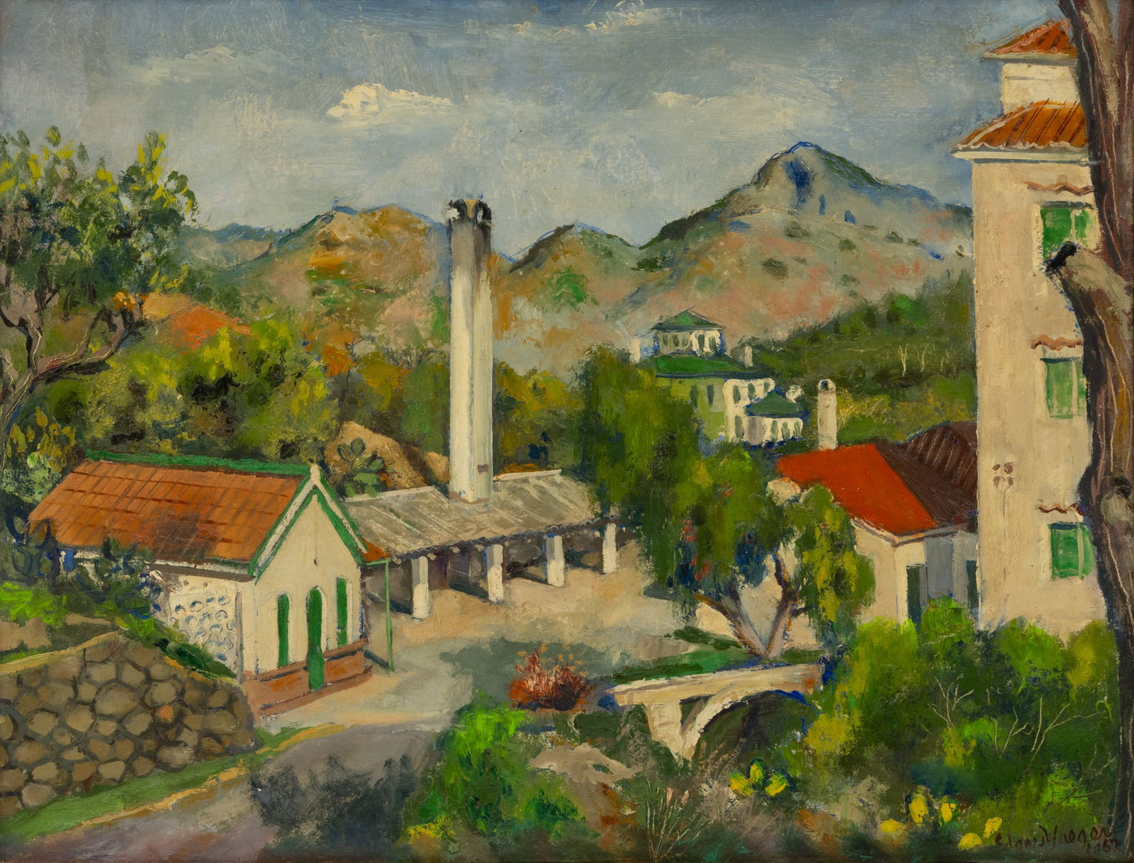 Edgar Louis Yaeger (American, 1904-1997) Oil on Canvas 1967, 'Mountain Village', H 18" W 23.5" Frame (1 of 4)