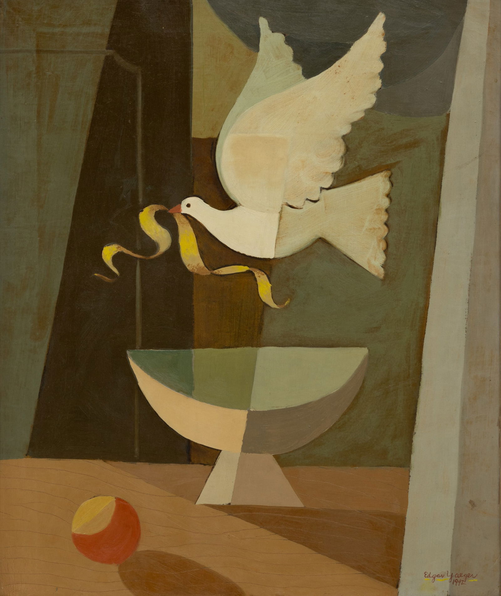 Edgar Louis Yaeger (American, 1904-1997) Oil on Canvas, 1942, 'Still Life with Dove', H 22.5" W 19": Edgar Louis Yaeger (American, 1904-1997) Oil on Canvas, 1942, 'Still Life with Dove', H 22.5" W 19" Frame Size: H 30.5" W 26.5" Signed lower right. Depicting a dove with a ribbon in its beak flying ov