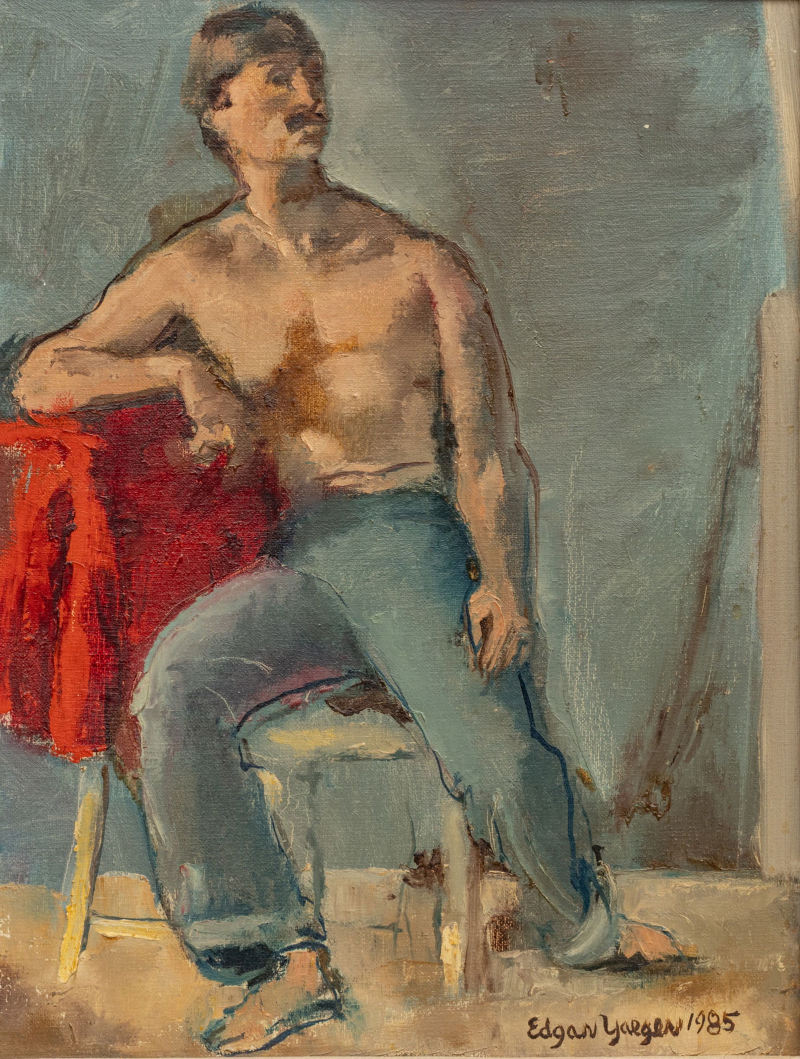 Edgar Louis Yaeger (American, 1904-1997) Oil on Canvas 1985, 'Seated Male Figure', H 17.25" W 13": Edgar Louis Yaeger (American, 1904-1997) Oil on Canvas 1985, 'Seated Male Figure', H 17.25" W 13" Frame Size: H 24" W 20" Signed lower right. Seated nude male. Dimensions: H 17.25" W 13" Frame S