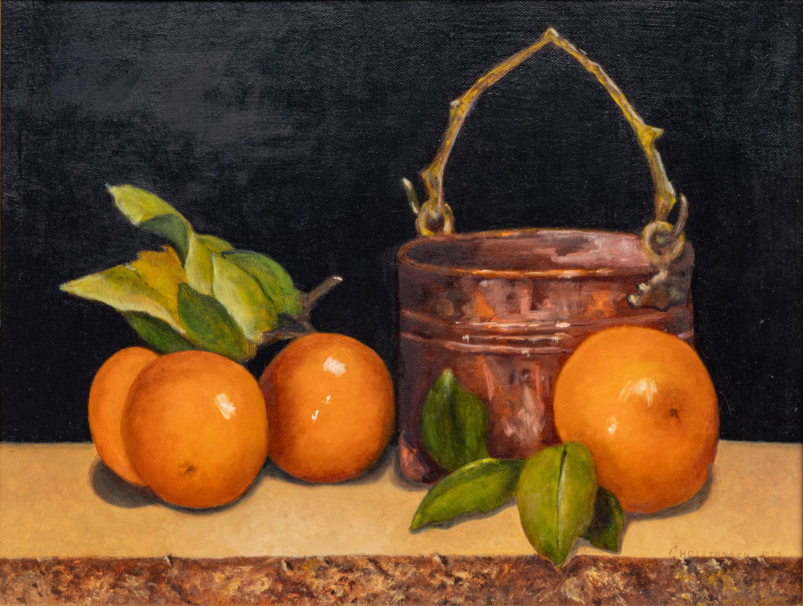 Elizabeth S. Christensen (American, 1915-2015) Oil on Canvas 1995, 'Tangeloes and Copper Pot', H 12": Elizabeth S. Christensen (American, 1915-2015) Oil on Canvas 1995, 'Tangeloes and Copper Pot', H 12" W 16" Frame Size: H 18" W 22.25" Signed lower right. A still life of a group of tangelos and a hand