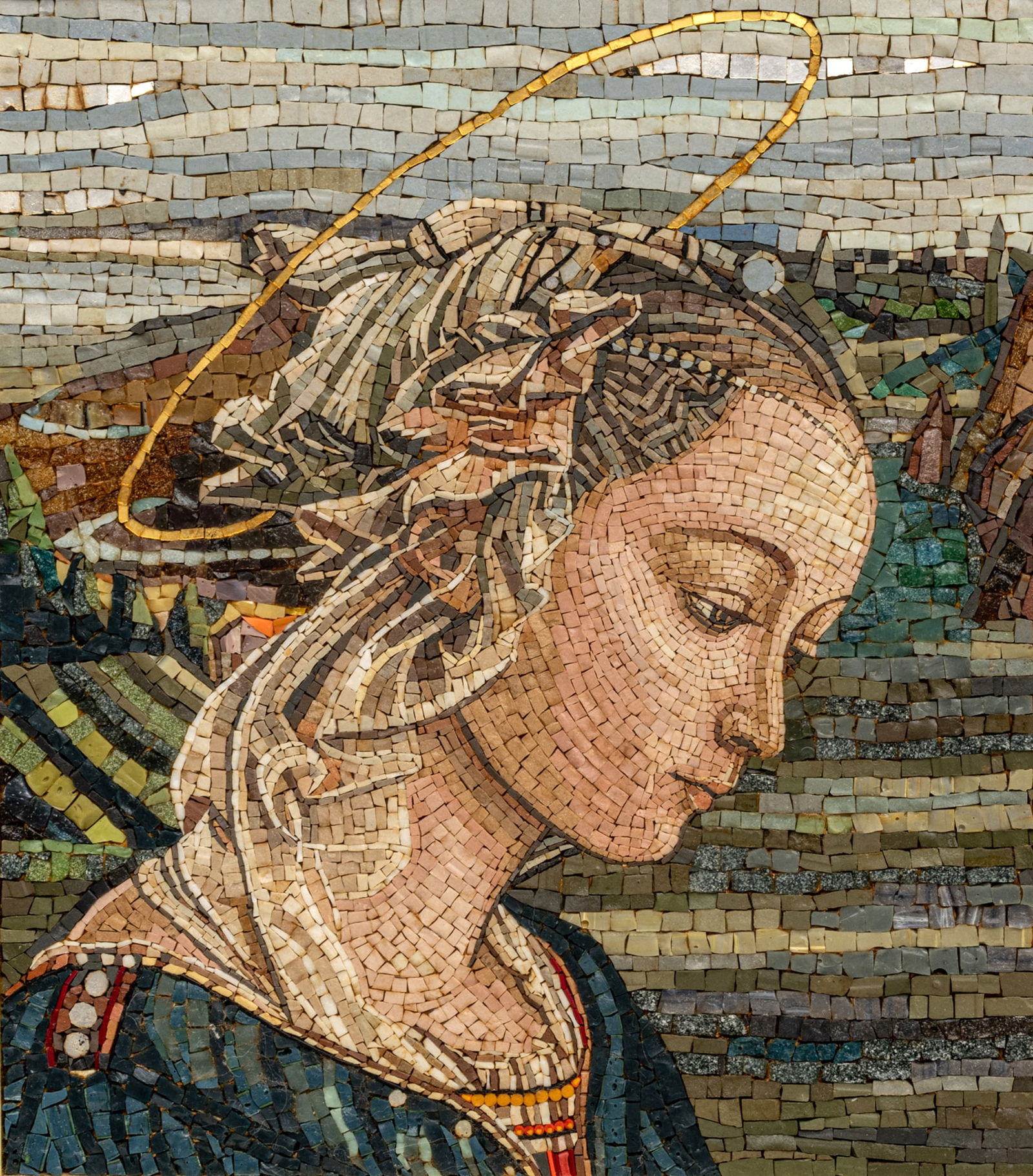 Italian Mosaic 'Madonna', H 15" W 25" Frame Size: H 21.5" W 31.25": Italian Mosaic 'Madonna', H 15" W 25" Frame Size: H 21.5" W 31.25" Mosaic image depicting the Madonna in profile, framed. Label on verso from Mosaico Arte E Artigianato Di Parisi Antonina. Provenance: