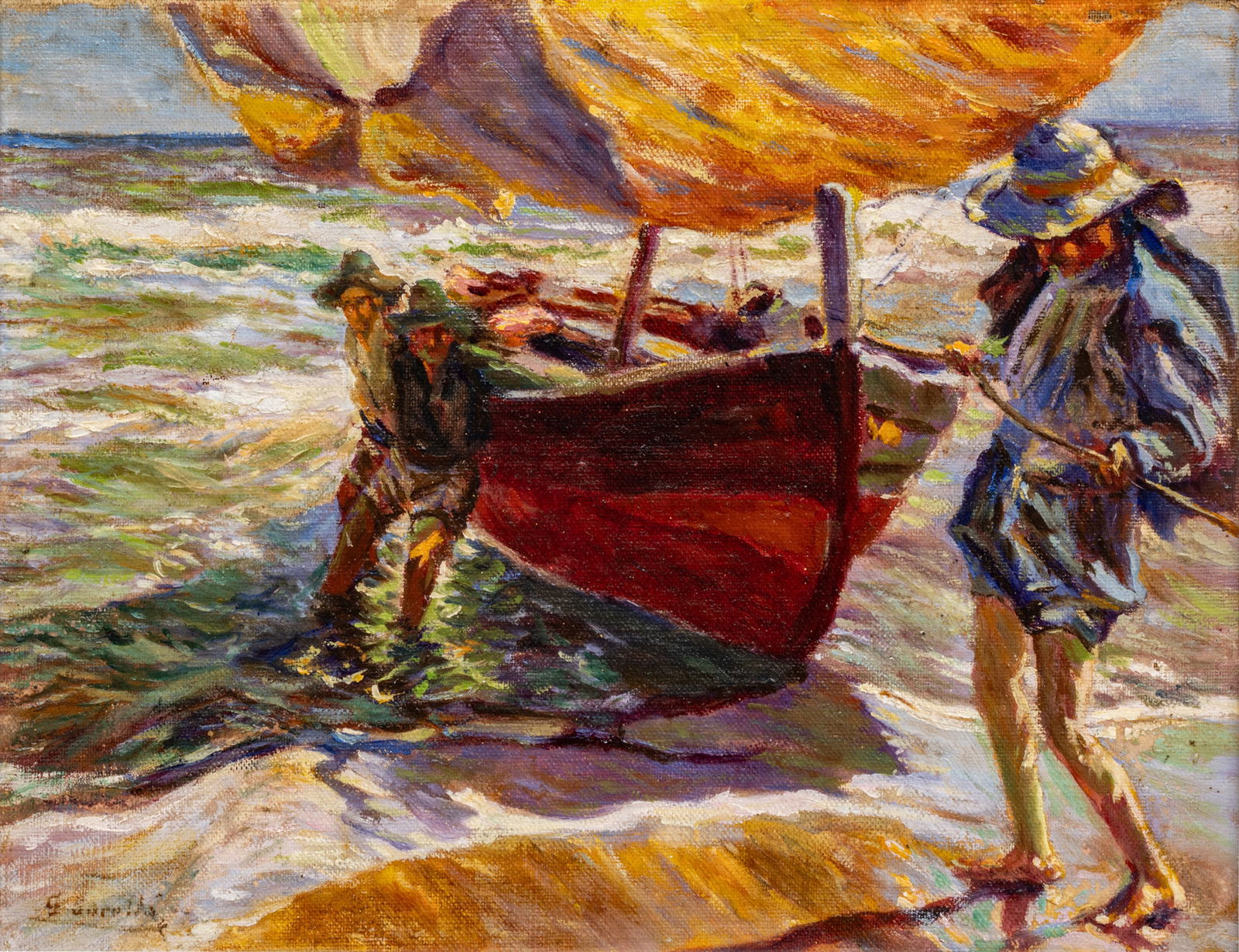After Sorolla Oil on Canvas Mounted to Board 20th C., 'Return from Fishing', H 9.75" W 12.5" Frame (1 of 7)