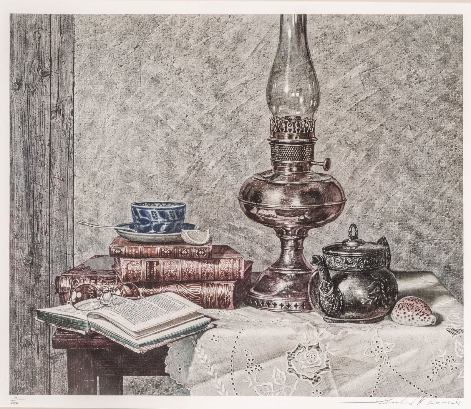Gunter H. Korus (German, 1925-2021) Lithograph on Paper #31/300 'Stil Life Books and a Lantern', H: Gunter H. Korus (German, 1925-2021) Lithograph on Paper #31/300 'Stil Life Books and a Lantern', H 20.75" W 25" Frame Size: H 30.5" W 34.5" Stil life books with a brass lantern and a pewter teapot. Pe