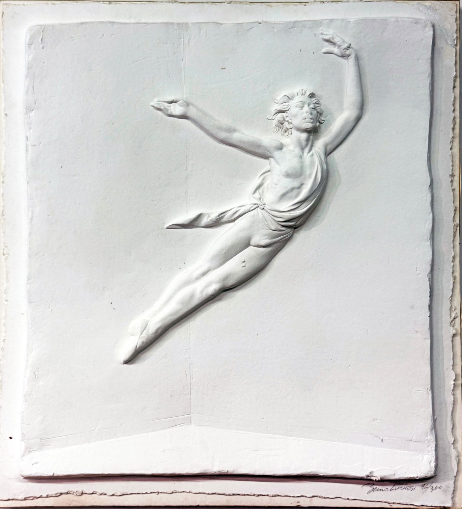 Bruno Lucchesi (American, B. 1926) Cast Paper Relief, Ca. 1980s, 'Le Jeune Homme', H 28.5" W 26.5": Bruno Lucchesi (American, B. 1926) Cast Paper Relief, Ca. 1980s, 'Le Jeune Homme', H 28.5" W 26.5" Depth 1.5" Signed lower right with an edition of 92/300. Cast paper relief of a dancing male figure.&