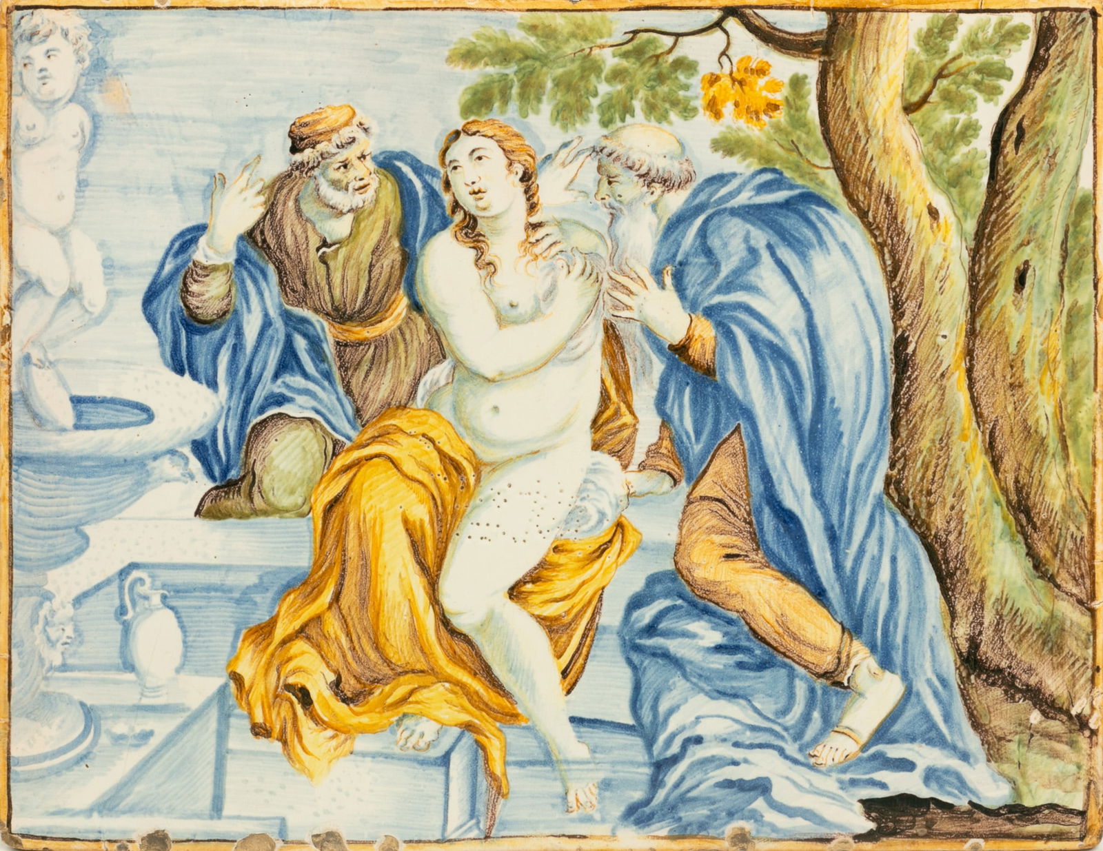 Italian Majolica Pottery Plaque 18th C., 'Suzanna and the Elders', H 9.25" W 13" (1 of 2)