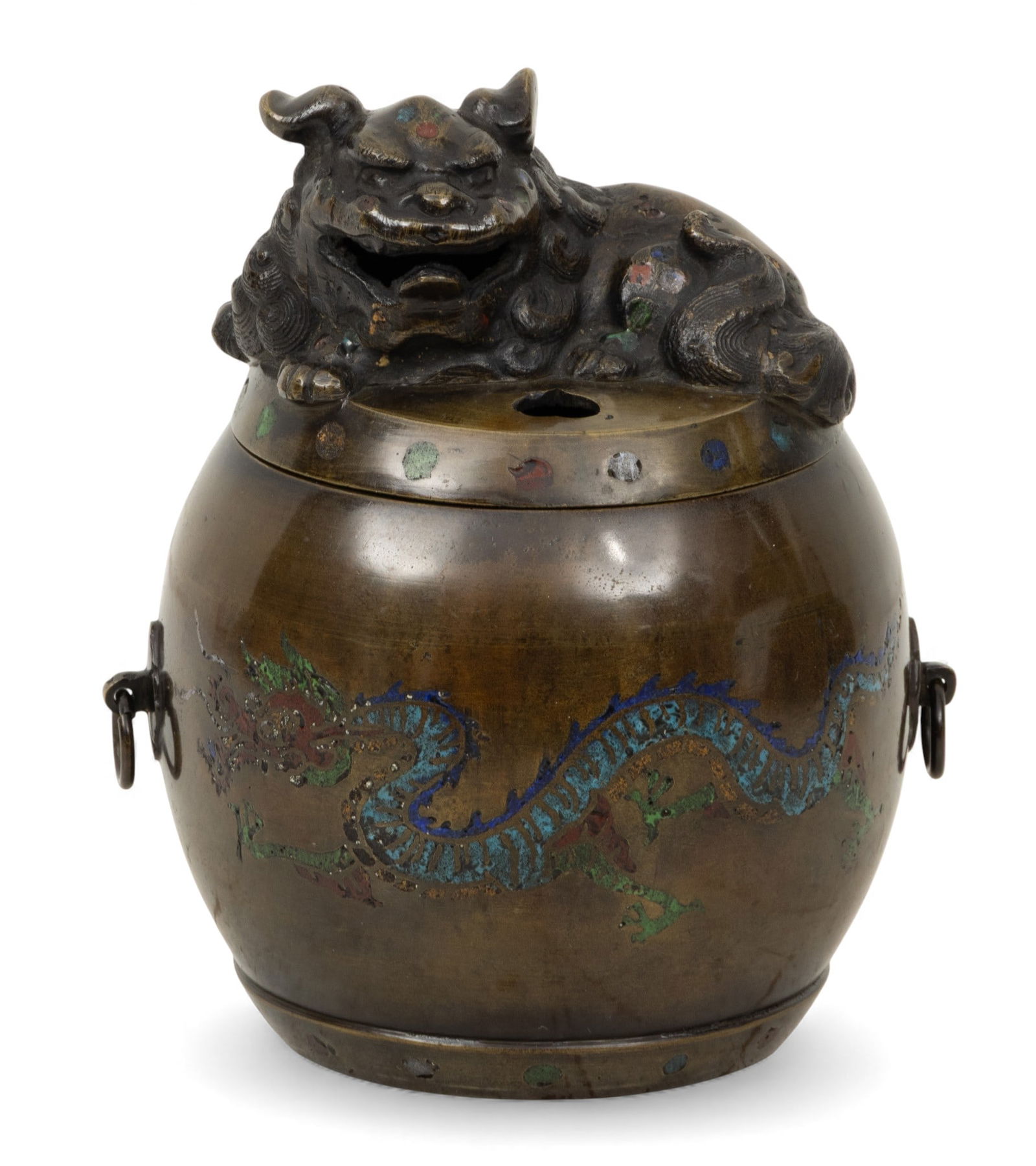Chinese Bronze Censor with Cover 19th.c., H 5.5" Dia. 4": Chinese Bronze Censor with Cover 19th.c., H 5.5" Dia. 4" Well cast and highly polished bronze drum form censor with cover having Pekinese recumbent dog and two open heart forms. Two side handles