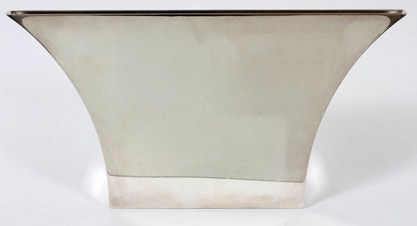 LINO SABATTINI SILVERPLATE 'PERSEPOLI' VASE: LINO SABATTINI SILVER PLATE 'PERSEPOLI' VASE, H 10", W 20", D 4":Sabattini signed silver plate 'Persopoli' vase. Having a flared body opening up to the larger rim. Smaller rectangular base; Stamped 'S