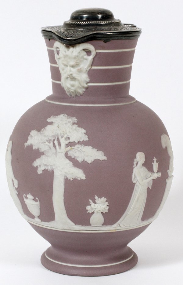 WEDGWOOD LILAC JASPERWARE & SILVERPLATE EWER: WEDGWOOD LILAC JASPERWARE & SILVERPLATE EWER, H 8":having a silver plate hinged lid, rim and spout, lavender and white, 'Sacrifice' scene with classical Greek ram-horned Jupiter Ammon under spout. Wed