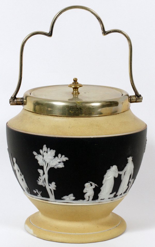 WEDGWOOD JASPERWARE BISCUIT JAR, #196, H 6": WEDGWOOD JASPERWARE BISCUIT JAR, #196, H 6", DIA 5":having black basalt and light yellow on the sides, silver plate rim and wire handle;