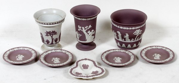WEDGWOOD JASPERWARE DISHES & VASES, 8 PIECES: WEDGWOOD JASPERWARE DISHES & VASES, EIGHT PIECES:includes four lavender dishes, 4" Dia., two lavender vases, 5 1/2" H. & 4 1/4" H.; one clover shape dish, 4" W. and one white and lavender vase, 5" H.