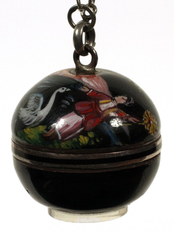 BUCHERER ENAMELED SILVER PENDANT WATCH ON CHAIN: BUCHERER ENAMELED SILVER PENDANT WATCH ON CHAIN:Sphere form enamel on silver vintage lady's watch. On white gold chain. Circa 1890. With original C. Bucherer, Lucerne box. Silver 925.