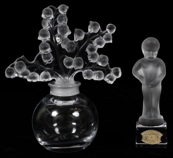 LALIQUE 'CLAIREFONTAINE' CRYSTAL PERFUME: LALIQUE 'CLAIREFONTAINE' CRYSTAL PERFUME, H 4", & VAL ST. LAMBERT FIGURE:Including 1 Lalique crystal perfume bottle with lily of valley stopper, H.4.5", and 1 Val St. Lambert frosted crystal figure of