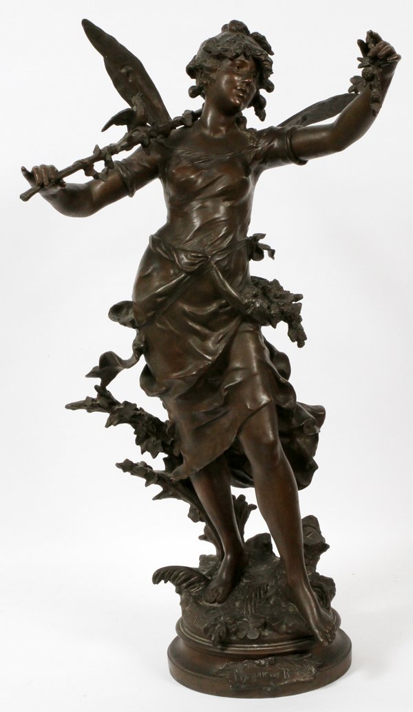AFTER LOUIS MOREAU BRONZE SCULPTURE, NYMPHE: AFTER LOUIS MOREAU, BRONZE SCULPTURE, H 32", 'NYMPHE DES BOIS', WITH PEDESTAL:Standing nymph on wood pedestal. Pedestal H 28", Dia 18".