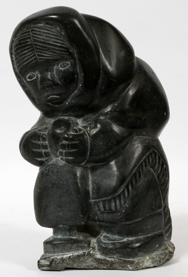INUIT CARVED STONE SCULPTURE, MOTHER & CHILD: INUIT CARVED STONE SCULPTURE, H 11", MOTHER & CHILD:Measures H.11" x 6 1/2" x 5".