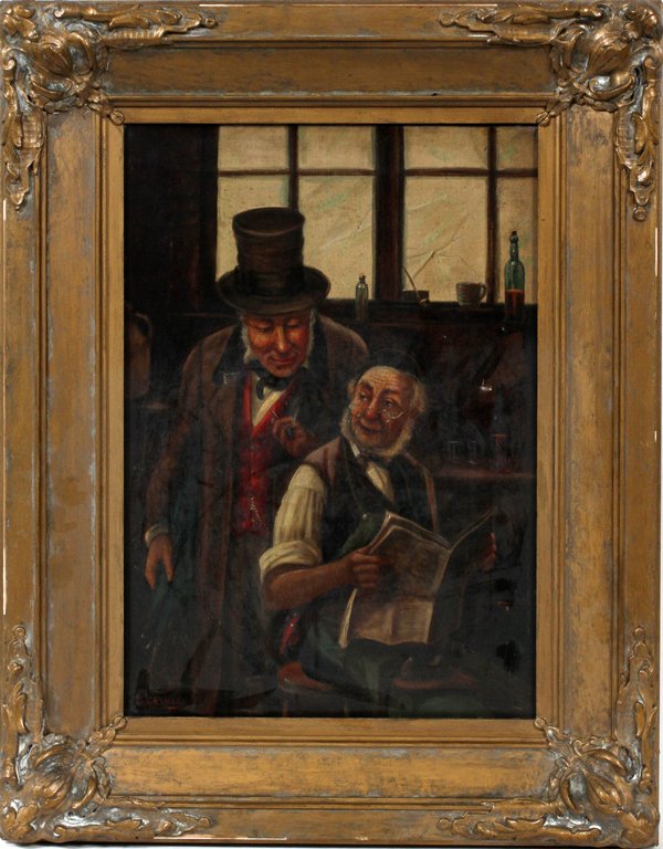E. LEWIS, OIL ON CANVAS, LATE 19TH C. GENTLEMEN: E. LEWIS, OIL ON CANVAS, LATE 19TH C., 20" X 14", TWO GENTLEMEN:Depicting two men, one with a top hat and a pipe in his hand with the second reading a paper. Signed lower left and framed. England circ