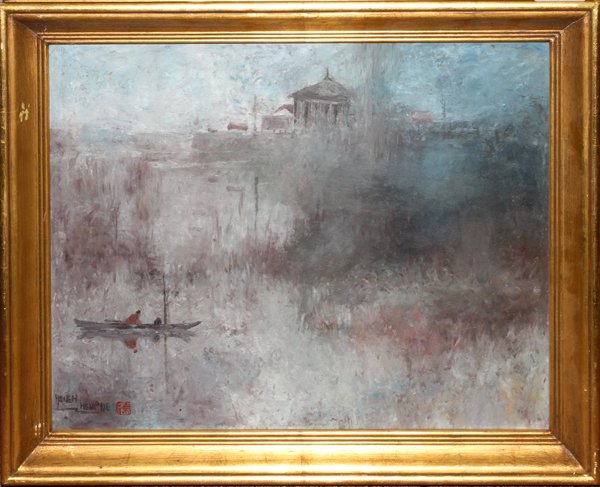 HSIEH HSIA DE OIL ON BOARD, 15" X 18" LANDSCAPE: HSIEH HSIA DE (20TH C.), OIL ON BOARD, 15" X 18", LANDSCAPE:Misty setting with figure in boat at the mid ground, a temple in the distance. Possibly Chinese or Taiwanese. Label from Brazil. From the es