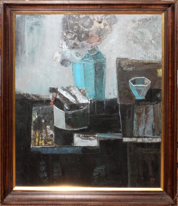HSIEH HSIA DE OIL ON CANVAS STILL LIFE FLOWERS: HSIEH HSIA DE (20TH C.), OIL ON CANVAS, 25" X 21", STILL LIFE WITH FLOWERS ON A TABLE:Signed lower right, framed. Possibly Chinese or Taiwanese. From the estate of Gerry Culpepper, Northville, Mi.