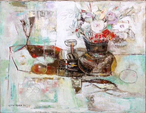 HSIEH HSIA DE OIL ON CANVAS STILL LIFE FLOWERS: HSIEH HSIA DE (20TH C.), OIL ON CANVAS, 21" X 25", STILL LIFE WITH FLOWERS ON A TABLE:Signed lower left. Not framed. Possibly Chinese or Taiwanese. From the estate of Gerry Culpepper, Northville, Mi.