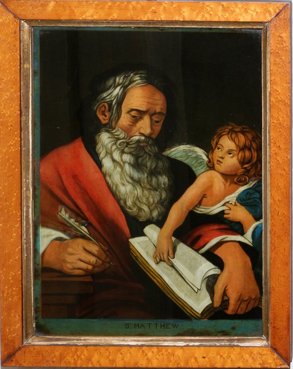 REVERSE PAINTING ON GLASS, 19TH C. 'ST. MATTHEW: REVERSE PAINTING ON GLASS, 19TH C., 13 1/2" X 9 1/2", 'ST. MATTHEW':In a period frame, 16" x 12" overall. From the Estate of Walter Connolly, Grosse Pointe Farms, Mi.