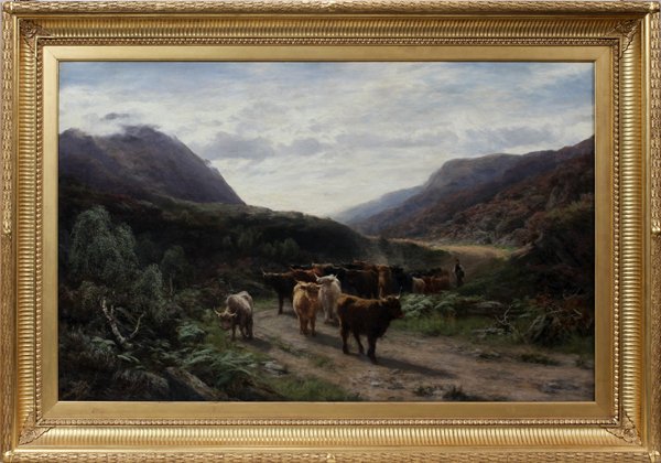 DAVID FARQUHARSON OIL ON CANVAS, HIGHLAND DROVE: DAVID FARQUHARSON (SCOTTISH, ARSA, ARA, 1840-1907, OIL ON CANVAS, 32" X 49", HIGHLAND DROVE:Signed lower left. Date "18-". Verso torn label with John Stewart, upper center label Robert R. Nelson, From