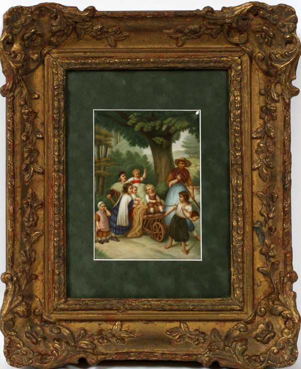 KPM HAND PAINTED PORCELAIN PLAQUE, CHILDREN: KPM HAND PAINTED PORCELAIN PLAQUE, 19TH C. 6 1/2" X 4 3/4" SIGHT CHILDREN ON A WAGON:Incised KPM scepter mark and #104; gilt frame.