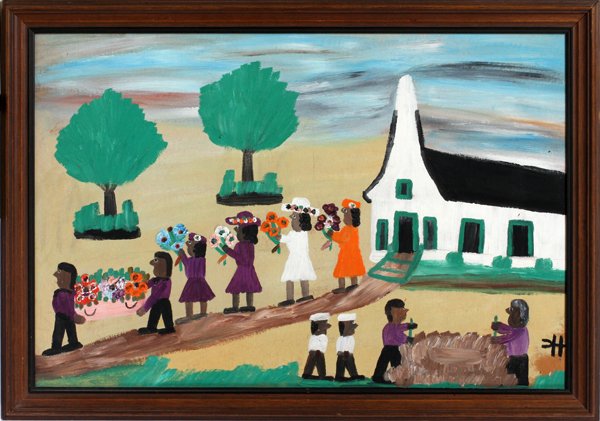 CLEMENTINE HUNTER OIL ON BOARD, THE PROCESSION: CLEMENTINE HUNTER [AMERICAN/LOUISIANA, 1887-1988], OIL ON BOARD, 16" X 23" "THE PROCESSION":Monogrammed lower right and framed. Hudson's label on verso;16" x 23 1/2"; framed.