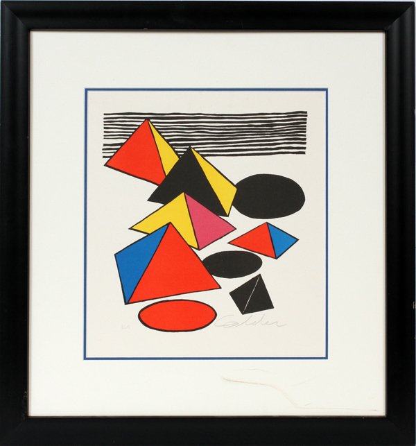 ALEXANDER CALDER LITHOGRAPH, "FIVE PYRAMIDS": ALEXANDER CALDER (AMERICAN 1898-1976), COLOR LITHOGRAPH, 1976, 12 1/4" X 11 1/2", "FIVE PYRAMIDS":E.A.; pencil signed; published by XXe Siecle, Paris; framed but no glass. Dele Fine arts Certificate o