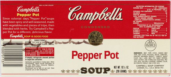 ANDY WARHOL AUTOGRAPH ON CAMPBELL'S SOUP LABEL: ANDY WARHOL AUTOGRAPH ON A PEPPER POT CAMPBELL'S SOUP LABEL:Label is 3 3/4" x 8 1/4" and is housed in a small plastic sleeve.