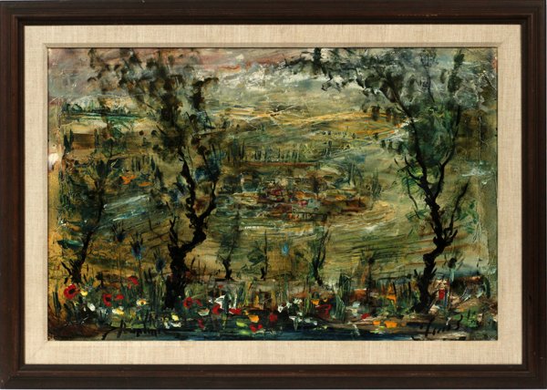 ZVI RAPHAEL OIL ON CANVAS, CITYSCAPE, 24" X 36": ZVI RAPHAEL, (ISRAELI 1924-2005), OIL ON CANVAS, CITYSCAPE, 24" X 36":Signed lower right; framed. Safrai Art Gallery Ltd., Jerusalem label.