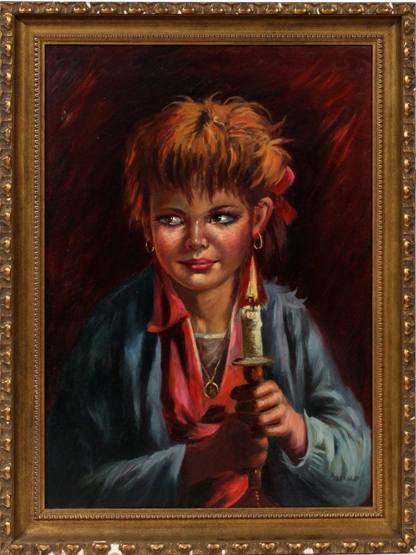 ROBERTO ADELLIND OIL, YOUTH HOLDING CANDLE: ROBERTO ADELLIND, SPAINISH, OIL ON CANVAS 27" X 19" IMAGE, YOUTH HOLDING CANDLE:Signature is almost readable. Roberto Adellind. Image Size; 27 1/2" High x 19 1/2" W. Frame Size: 32 1/2" High x 24 1/2"