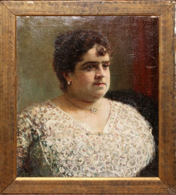 BRAZILIAN OIL ON CANVAS 1904, A PROMINENT LADY: BRAZILIAN OIL ON CANVAS 1904 21" X 17" A PROMINENT LADY:Dated 1904. Size is canvas only. Lady with lace collar dress. From the estate of Gerry Culpepper, Northville, Mi.