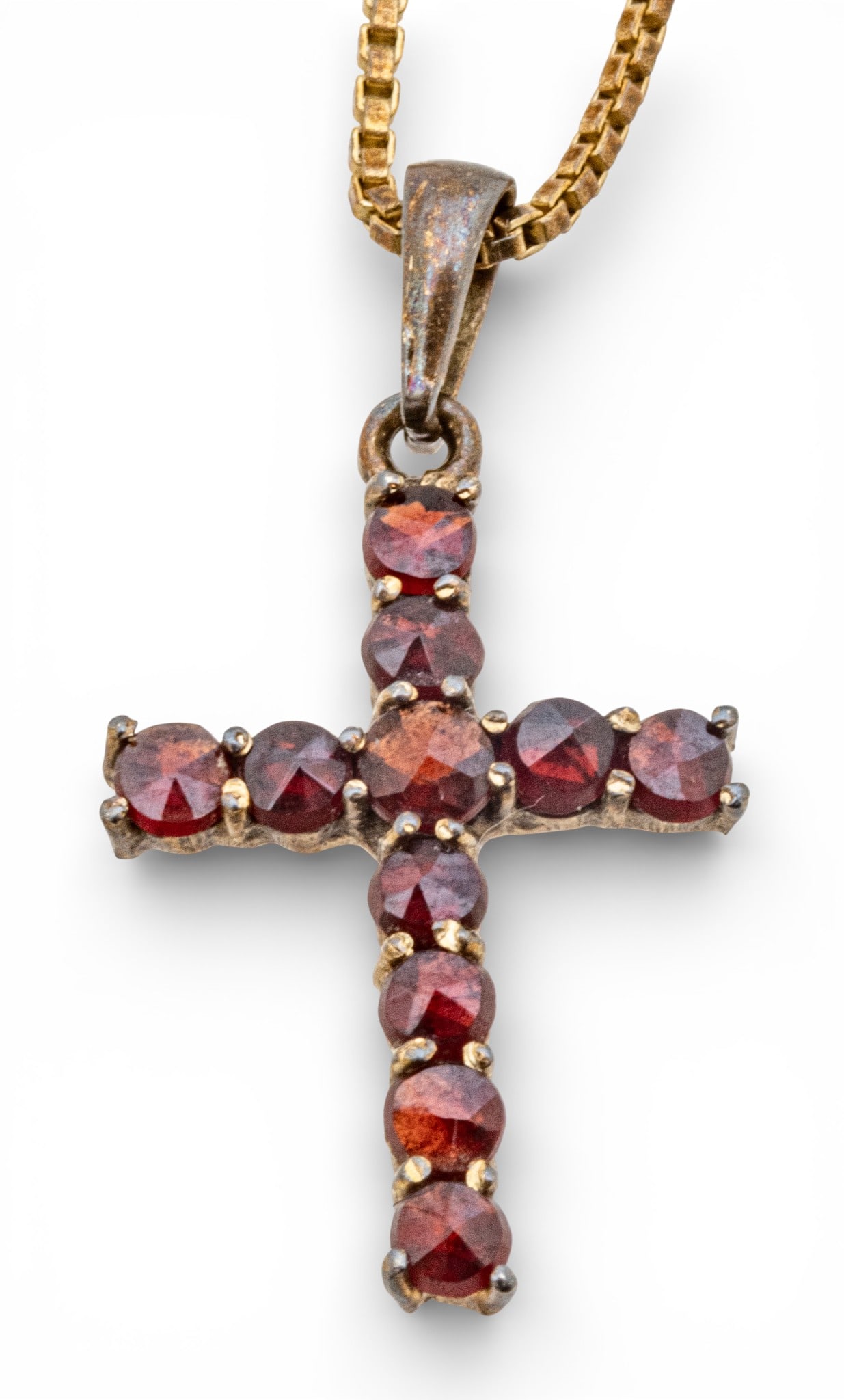 Garnet Cross Pendant on 14kt Yellow Gold Box Chain L 18" 4 g (1 of 7)
